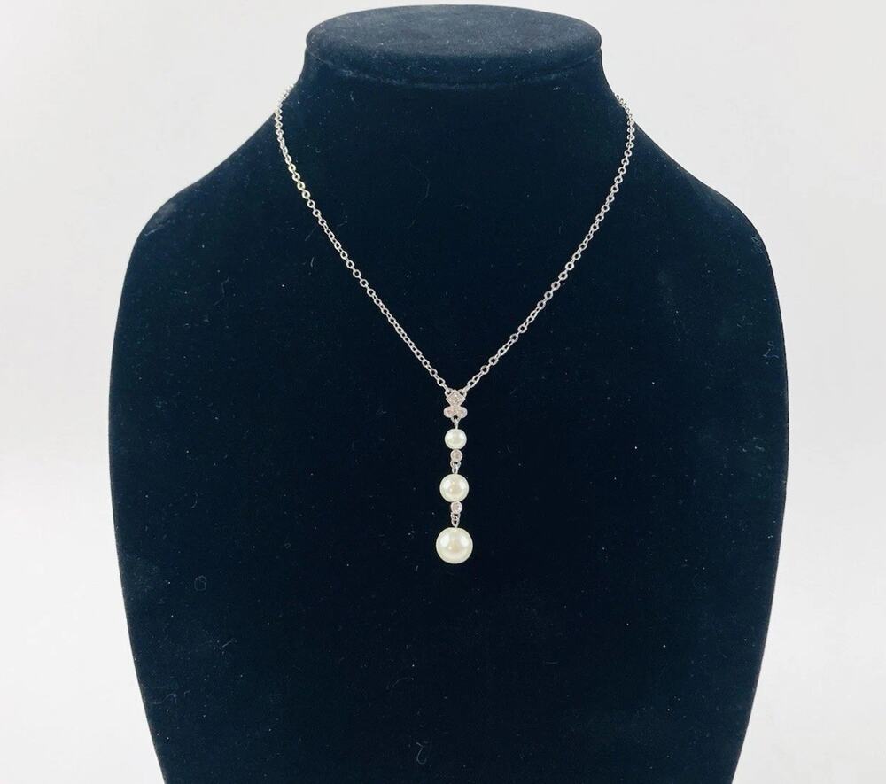 GIVENCHY Logo Pearl Silver Tone Pendant Drop Necklace Rhinestones Diamond Shape